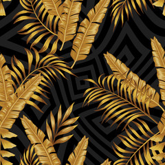 Golden exotic leaves seamless abstract grayscale geometrical background