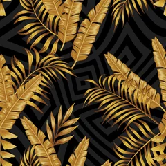 Gordijnen Gouden exotische bladeren naadloze abstracte grijswaarden geometrische achtergrond © berry2046