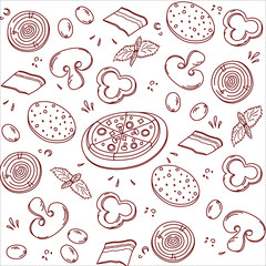 Bon, appetit, tasty set ingredients or toppings for Italian pizza, cut into slices or pieces, drawing or sketchy style of tasty pizza with vegetables. Fresh pizza with meat and veggies, vector