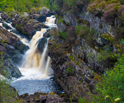 Rogie Falls, a series of waterfalls on the Black Water, river in Ross-shire in the Highlands of Scotland.