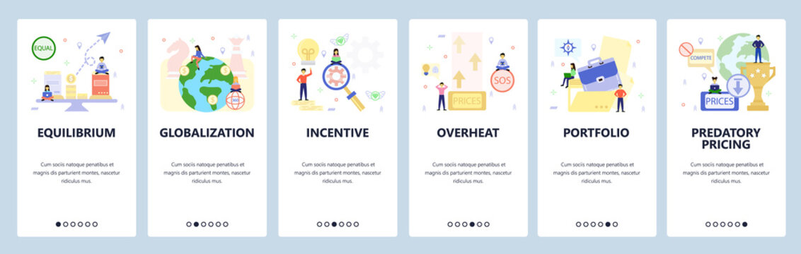 Mobile app onboarding screens. Business, financial and economy icons, globalization, portfolio. Menu vector banner template for website and mobile development. Web site design flat illustration