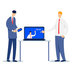 Business people online. Businessmen team working together on a program on the Internet. Concept teamwork with modern technology. Cartoon illustration isolated on white background in flat style