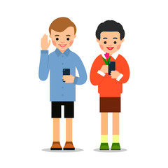 People selfie on white background for lifestyle design. Fashion. Girl and boy do self photos. Friends are holding smartphones and photographed himself. Cartoon illustration isolated in flat style