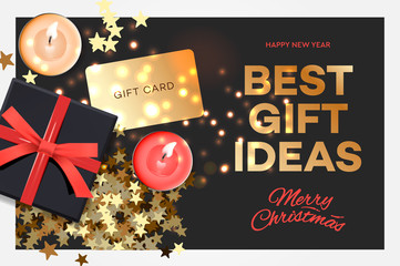 Fototapeta na wymiar Christmas Sale. Best gift ideas. Black gift box on dark background, design 2020. Vector illustration.
