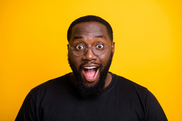 Close up photo of ecstatic overjoyed man rejoicing in sales started with excitement on face...