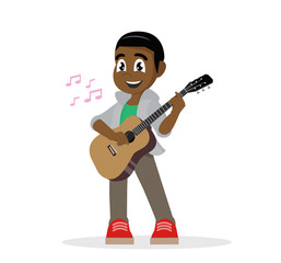 Cartoon character, Young African man playing guitar.