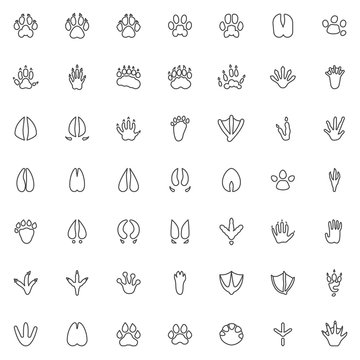 Animal paw print line icons set. linear style symbols collection, Animals footprints outline signs pack. vector graphics. Set includes icons as Dog Fox, Bear, Raccoon, Badger, Monkey, Eagle bird, Hoof