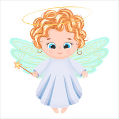 Cute little blond girl big blue eyes angel with wings and magic wand with star. Vector illustration