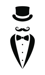 Gentleman graphic icon. Top hat, tuxedo, bow tie and mustaches sign isolated on white background. Vector illustration