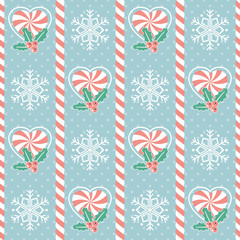 Christmas pattern. Seamless vector illustration with candy canes, mistletoe and snowflake