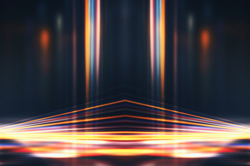 Empty dark background scene of the show. Neon ultraviolet blurry lights. Blurry lights of the night...