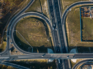 Transport junction in autumn day, aerial view from drone