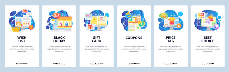 Mobile app onboarding screens. Online shopping, store wish list, price tag, black friday sale, coupons. Vector banner template for website and mobile development. Web site design flat illustration