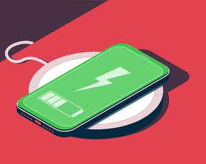 Vector isometric illustration with smartphone and wireless charger.