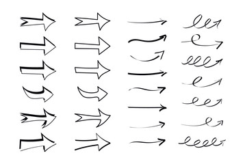 Hand dawn doodle arrow set. Vector curve arrows icon collection simple style