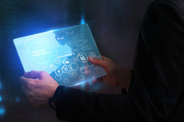 Business, Technology, Internet and network concept. Young businessman working on a virtual screen...