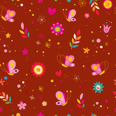 Butterflies flowers hearts nature seamless pattern