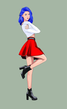 The fashion of anime manga girl posing on a grey background. She is cute and hot in red mini skirt.