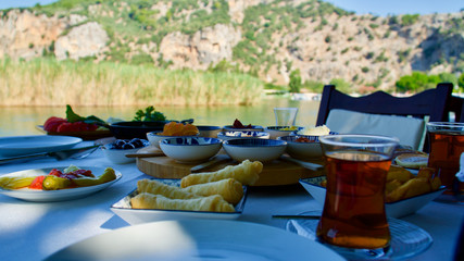 spread of Turkish breakfast, plenty of variety