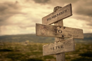 Remember to live message on wooden signpost outdoors in nature with dark moody feeling. Lifestyle, work, life, busy, time concept.