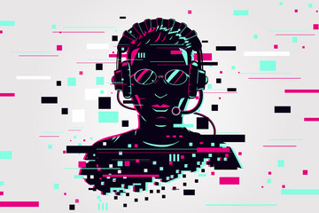 Gamer portrait. Video games background, glitch style. Player vector illustration. Online user. © ne2pi