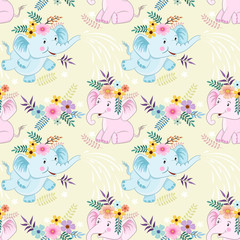 Seamless pattern with cute cartoon elephant and flowers fabric texyile.