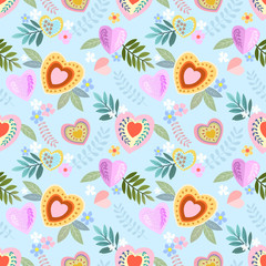 colorful heart shape with flowers seamless pattern.