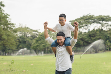 happy family running in the park, family asian group relation quality healthy support, home park .