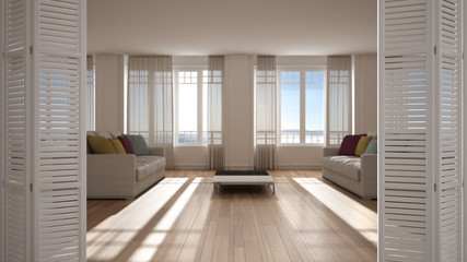 White folding door opening on modern sofa with wooden details and parquet floor, white interior design, architect designer concept, blur background