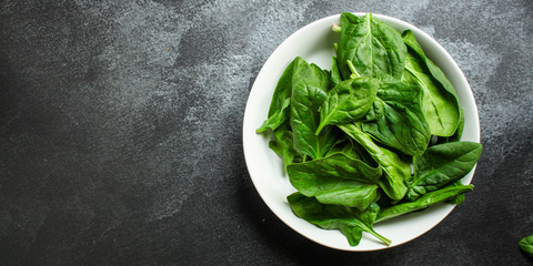 spinach (green grass, vitamins salad) menu concept. food background. copy space. Top view