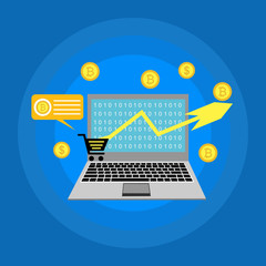 Bitcoin mining. Laptop connected with e-wallet