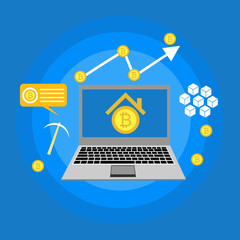 Bitcoin mining. Laptop connected with e-wallet