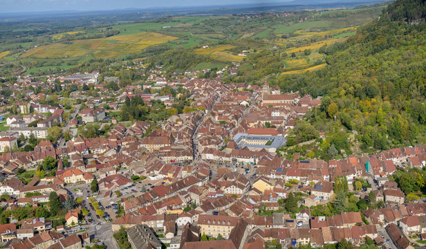 Aerial view over the town Poligny, in the commune Jura department in Franche-Comt&eacute;, Lons-le-Saunier, France.