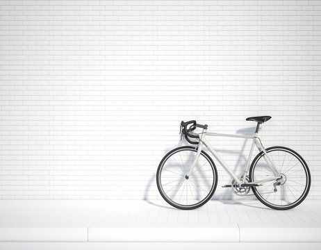 White bicycle in the lower right corner of the frame 3d rendering. 3d illustration ecological urban transport. Vintage bicycle in the room against wall. Copy space. white background.