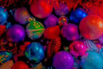 Bright multi-colored Christmas balls decoration, matte, shiny and glossy for New Year or Christmas...