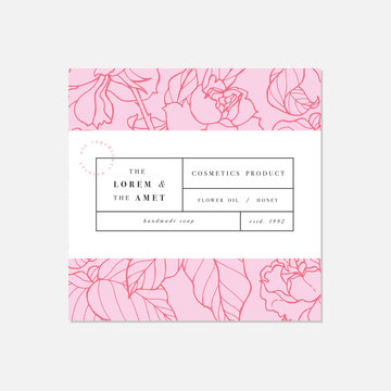 Vector Patten For Cosmetics With Label Template Design. Pattern Or Wrapping Paper For Package And Beauty Salons. Botanical Collection.