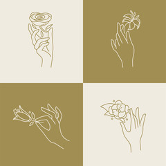 Vector design linear template logos or emblems - hands in in different gestures with flowers. Abstract symbol for cosmetics.