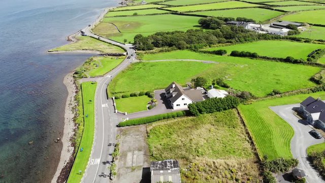 An aerial view of the Skellig Coast in County Kerry, Ireland, showing the road to Portmagee.