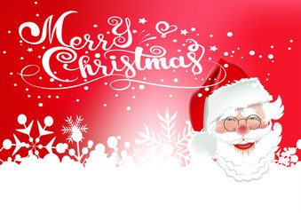 happy Santa Claus on red abstract background merry Christmas lettering vector drawing.