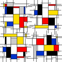 Abstract painting, geometric, squares, black, blue, yellow, red