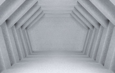 3d rendering. modern rough cement hallway in hexagonal tunnel wall background.