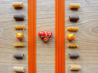 rigatoni, fusilli and red spaghetti pasta