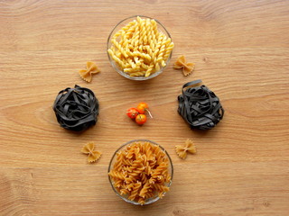 pasta, fusili, gemelli, farfalle and black tagliatelle