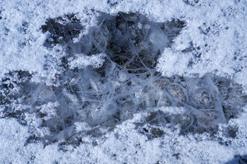 Texture of hoarfrost crystals over river ice. Natural winter snow background