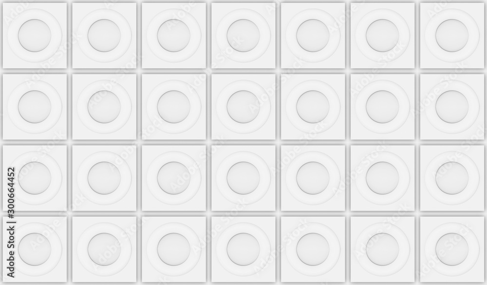 Poster 3d rendering. modern seamless white circular shape pattern on square tile wall design background.