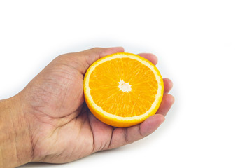hand holding orange isolated on white background