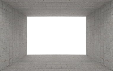 3d rendering. inside Gray brick block square hole chimney box tunnel hole on white background.