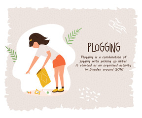 Young girl doing plogging. Eco poster, template