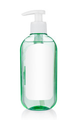 Plastic bottle with clear body lotion on white background
