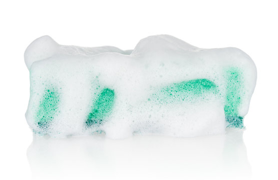 Green Soapy Sponge Close Up On White Background